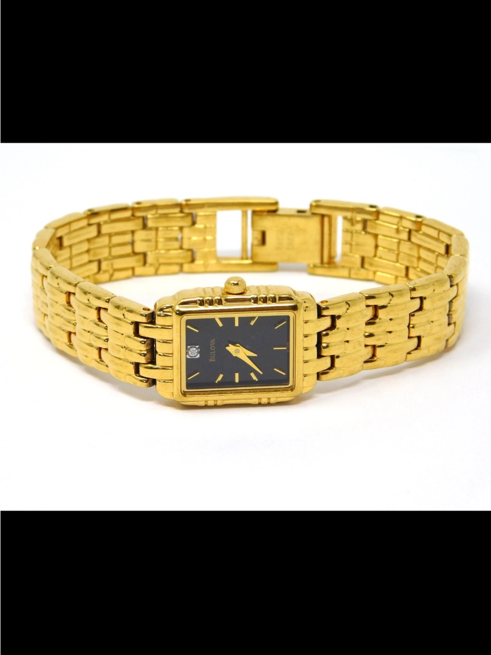 Bulova Womens Watch 97S36 Gold Tone Bracelet Black Dial Diamond Accent Ladies 6" - Picture 2 of 5